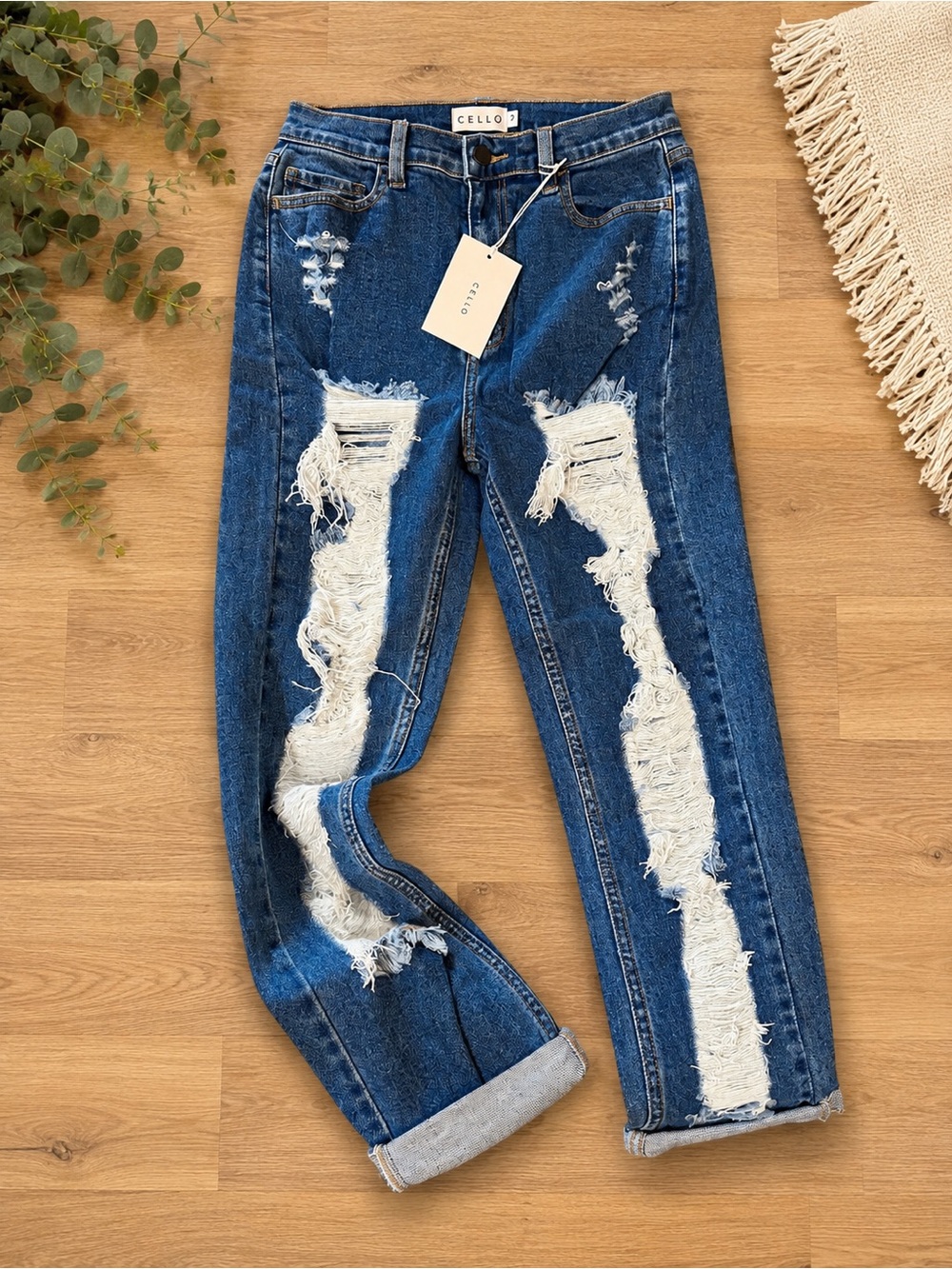 Cello Distressed Boyfriend Jeans in Blue with White Frayed Panels